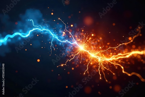 Close-up of sparking electrical wires, vibrant blue and orange arcs illuminate the darkness, intense energy and chaotic power A visceral feeling of raw, untamed electricity , light, plasma