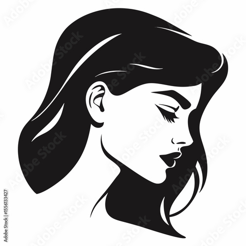Beautiful vector silhouette of a woman's face in profile with long hair, a hat, and stylish design
