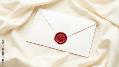 white envelope with a red wax seal on top of it, placed on a cream-colored cloth.
