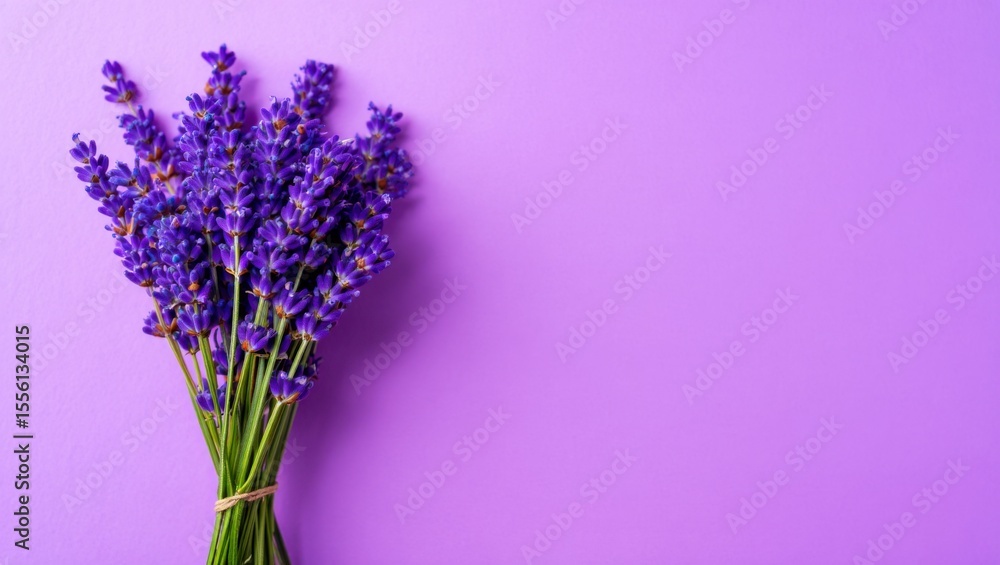 Obraz premium Bouquet of fresh lavender against a vibrant purple background