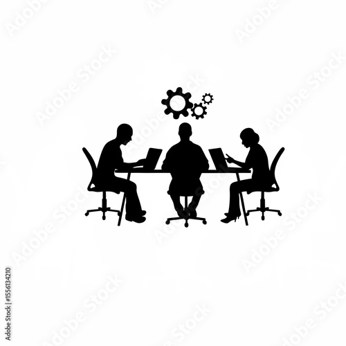 Silhouette of a team brainstorming virtually using collaboration tools on white background