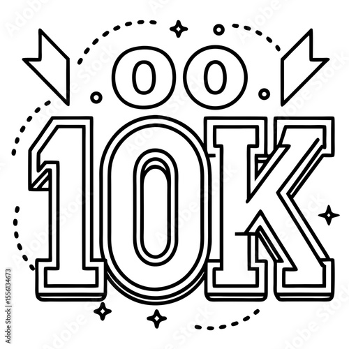 Black and white line art graphic celebrating 10k followers with stars and banners 10000 follower milestone