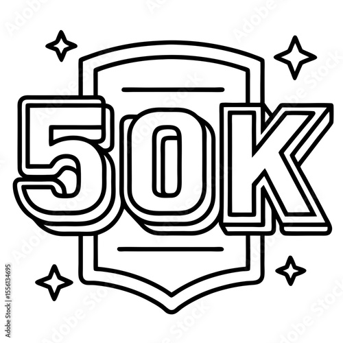 Black and white line art icon celebrating 50k followers with stars fifty thousand social media