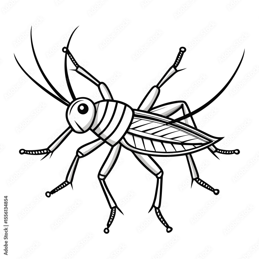 Fototapeta premium Black outline cricket insect illustration on white background arthropod invertebrate
