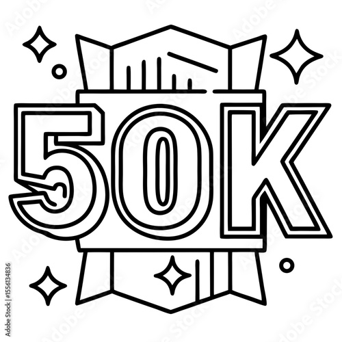 Black line art icon celebrating 50k followers with stars and circles fifty thousand follower count