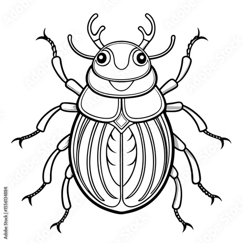 Black outline dung beetle with segmented body and curved horns on white background scarab beetle insect