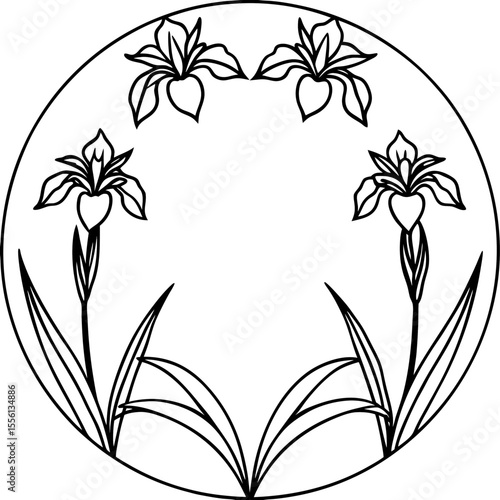 Black outline iris flowers and leaves arranged in a circular frame on a white background floral botanical