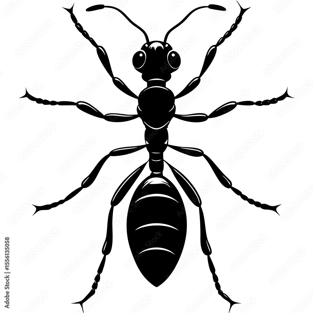 Black silhouette of an ant viewed from above on a white background insect Black silhouette of an ant viewed from above on a white background insect
