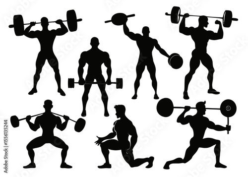 Collection of eight black silhouette male weightlifters performing various exercises on a white background