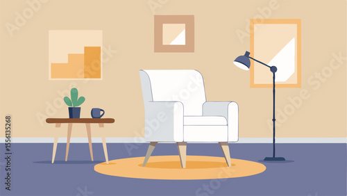 Cozy Living Room: A minimalist interior design with a white armchair, artful wall decor, a reading lamp, and a small table adorned with a cactus and coffee cup.