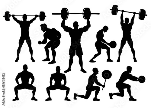 Eight Black Silhouettes of Men Performing Weightlifting Exercises on a White Background fitness male