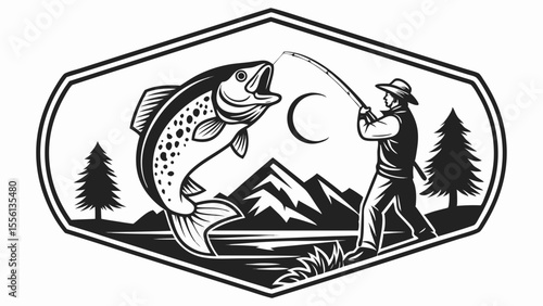 Fisherman Catches Large Trout in Mountainous Landscape Under Crescent Moon fishing