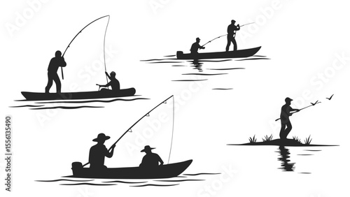 Five Silhouette Fishermen Enjoying Outdoor Activities on Water fishing fisherman