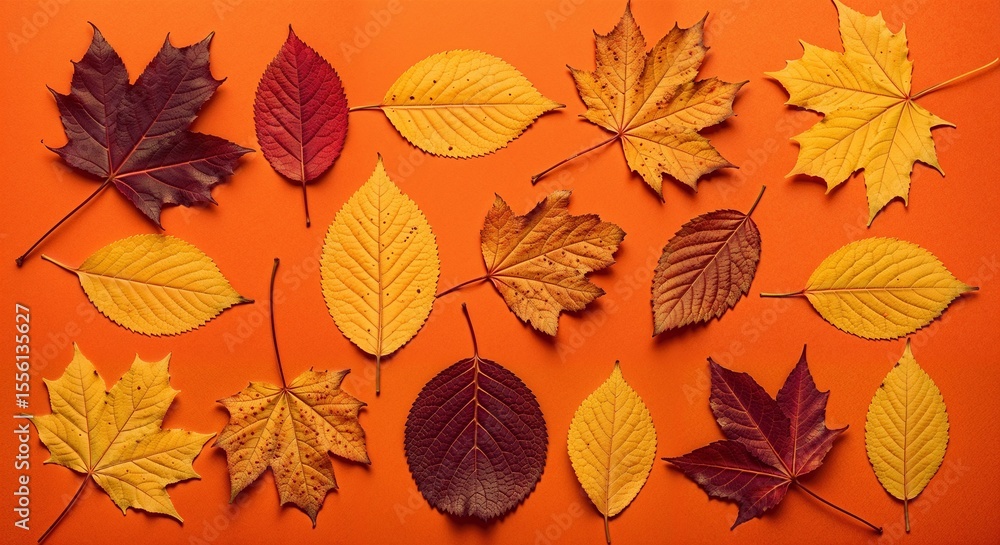 collection of different autumn leaves isolated on orange colored solid background collection of different autumn leaves isolated on orange colored solid background