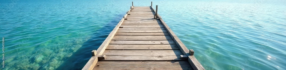 Rustic wooden shore dock extending into calm blue water, sunlight reflecting on the surface Ideal for tranquility, nautical, and summer themes , serene, waterfront, sky Rustic wooden shore dock extending into calm blue water, sunlight reflecting on the surface Ideal for tranquility, nautical, and summer themes , serene, waterfront, sky