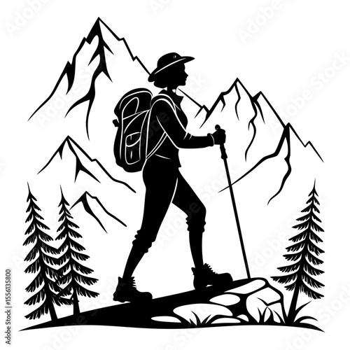 Silhouette of a hiker with backpack and trekking pole against mountain backdrop hiking