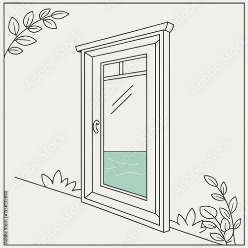 Simple line art vector of an open window with green water and plants illustration