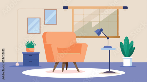 Cozy Living Room Interior: A comfortable peach armchair sits invitingly in a modern living room, with plants and a table lamp adding a touch of warmth and tranquility.