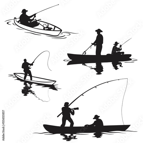 Silhouettes of people fishing from boats on water with reflections vector