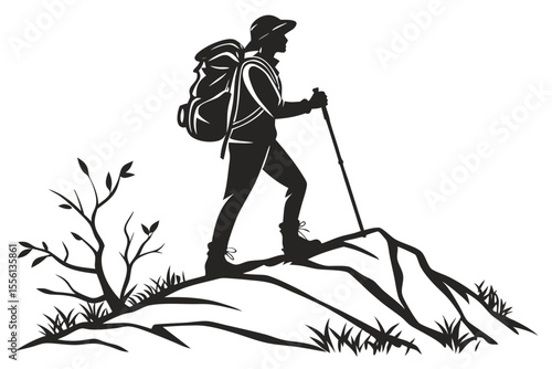 Silhouette of a hiker with backpack and trekking pole on rocky terrain with sparse vegetation hiking