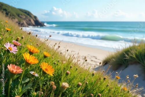 Fototapeta Naklejka Na Ścianę i Meble -  Serene coastal meadow scene Wildflowers bloom amidst beach grasses, with gentle waves lapping the shore in the background A tranquil, idyllic landscape , seaside, wild