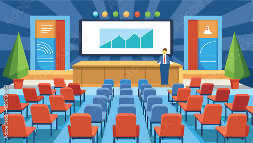 Conference Presentation: A speaker stands before a graph on a large screen, delivering a presentation to rows of empty chairs in a conference hall.