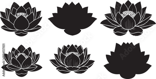 Collection of Six Lotus Flower Silhouettes Vector Illustrations