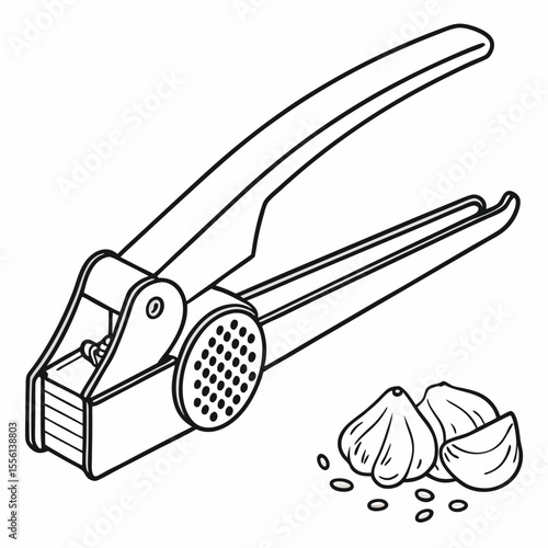 Stainless steel garlic press on white, simple tool for mincing garlic cloves, easy to use.
