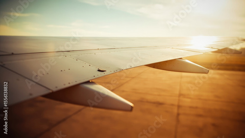 Airplane wing detail during golden hour with rivets and aileron against a warm sky and runway surface, travel concept