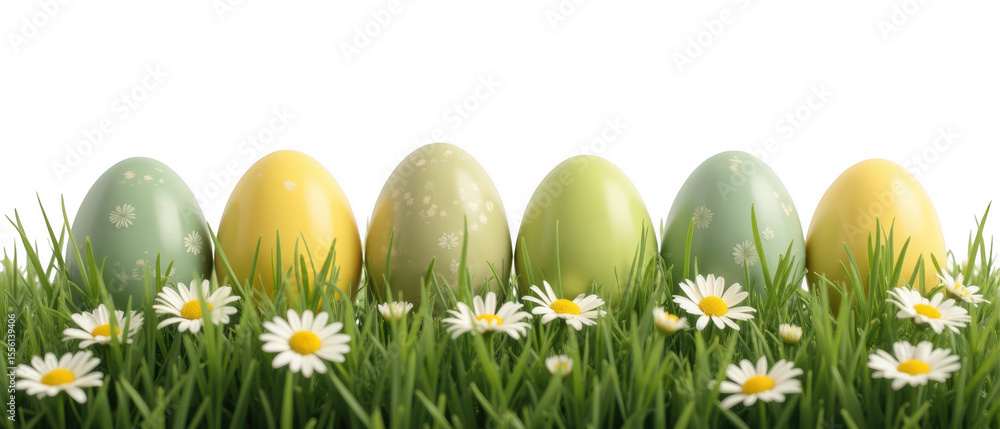Colorful Easter eggs arranged in row on green grass with daisies, creating festive and cheerful atmosphere for spring celebrations Colorful Easter eggs arranged in row on green grass with daisies, creating festive and cheerful atmosphere for spring celebrations