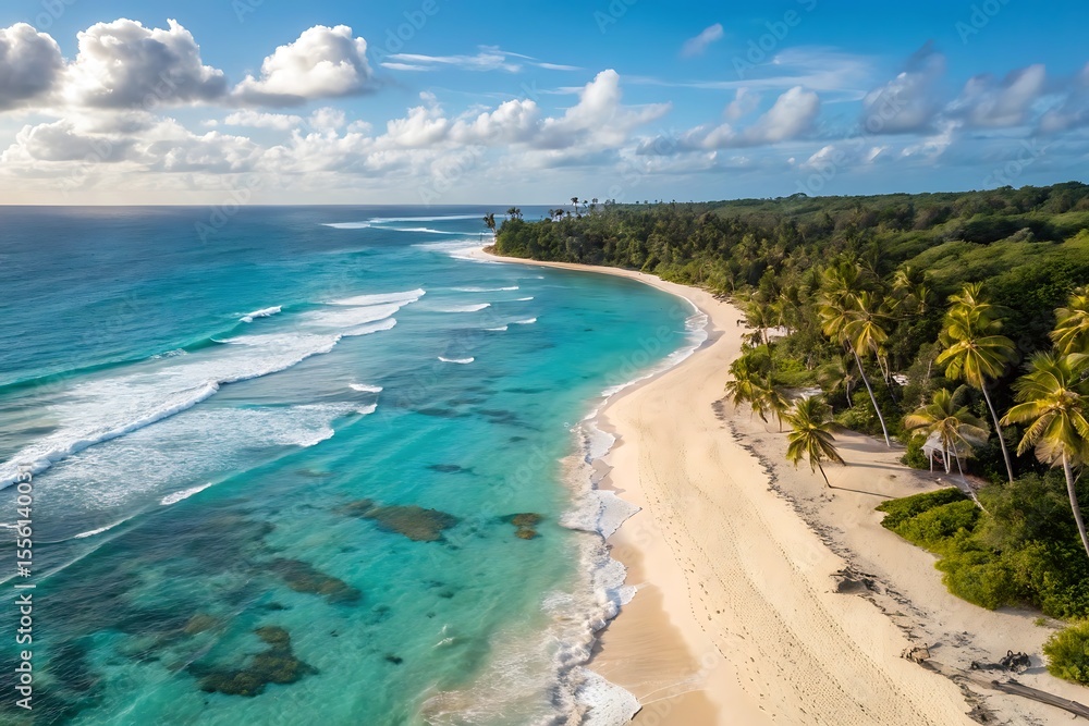 Aerial view of turquoise ocean waves meeting sandy beach with palm trees and lush green forest Aerial view of turquoise ocean waves meeting sandy beach with palm trees and lush green forest