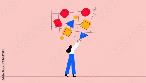 Abstract art with female figure balancing colorful geometric shapes