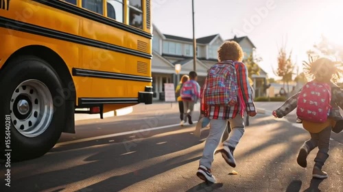 School Bus Departure: A bright yellow school bus sits as children, backpacks slung over shoulders, excitedly dash off towards the schoolhouse. The scene captures a moment of freedom and eagerness.