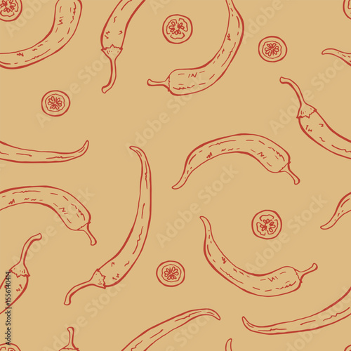 Seamless pattern with chili pepper. Hand drawn vector illustration.