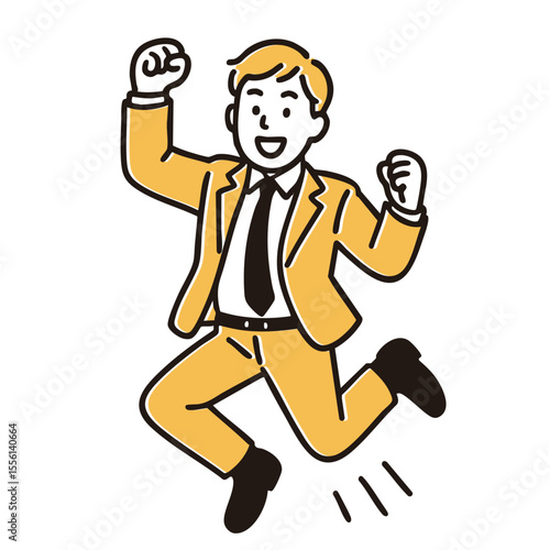 Businessman jumping with fist pump, minimal line art illustration
