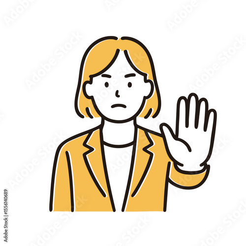 Woman showing stop gesture with open palm, minimal line art illustration