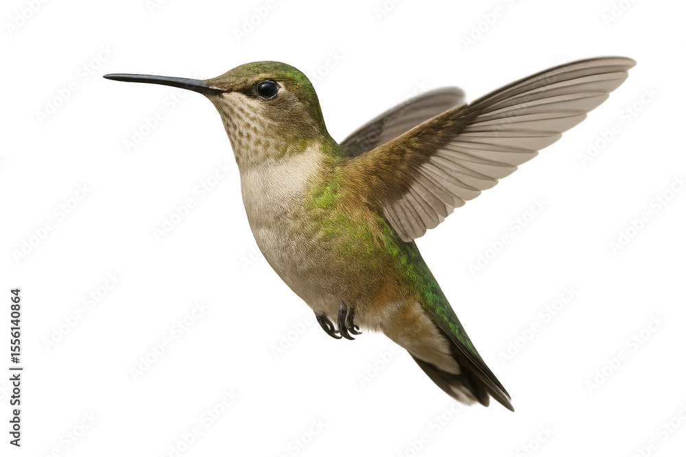Fototapeta premium Vibrant hummingbird spreading iridescent wings, suspended mid-flight against clean transparent backdrop