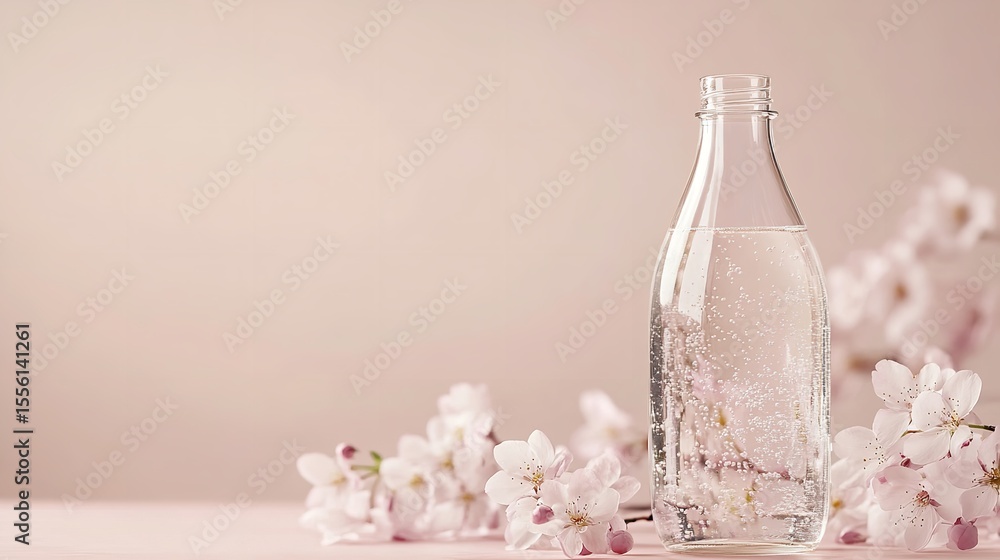 A sleek glass bottle with cherry blossom-infused water over pastel beige setting depicting tasty sips and filling skincare delish, Generative AI. A sleek glass bottle with cherry blossom-infused water over pastel beige setting depicting tasty sips and filling skincare delish, Generative AI.