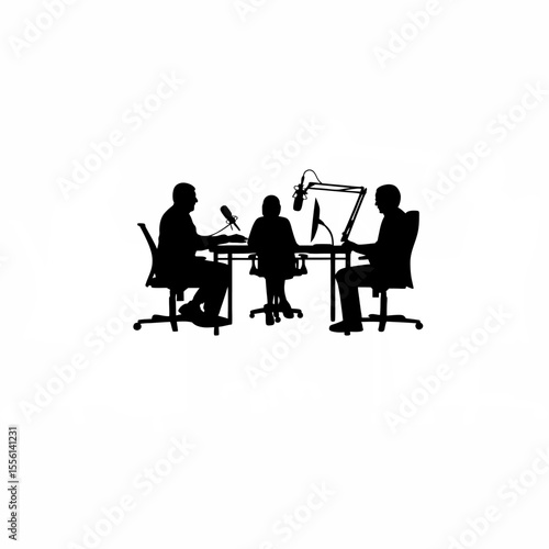 Silhouette of a team editing a podcast episode on white background