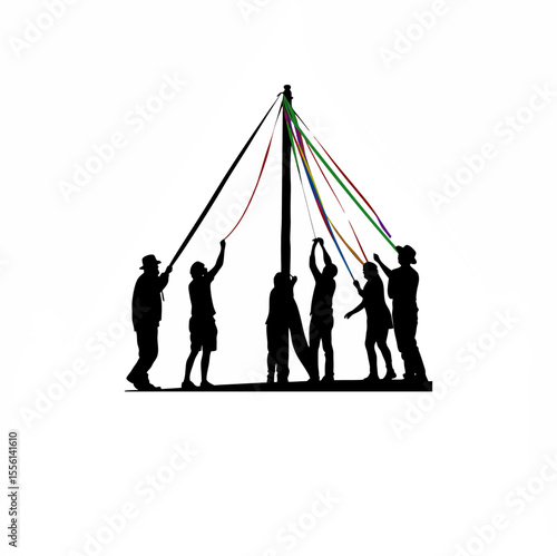 Silhouette of a team hoisting a maypole at a spring festival on white background