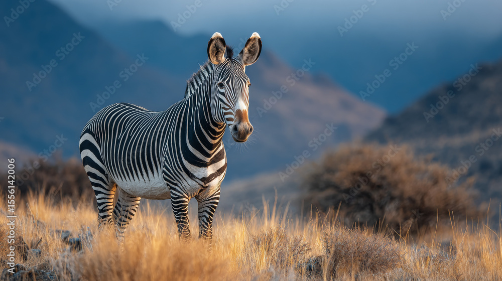 Fototapeta premium A Cape mountain zebra stands alone in the grasslands at sunrise in South Africaâ€™s Mountain Zebra National Park
