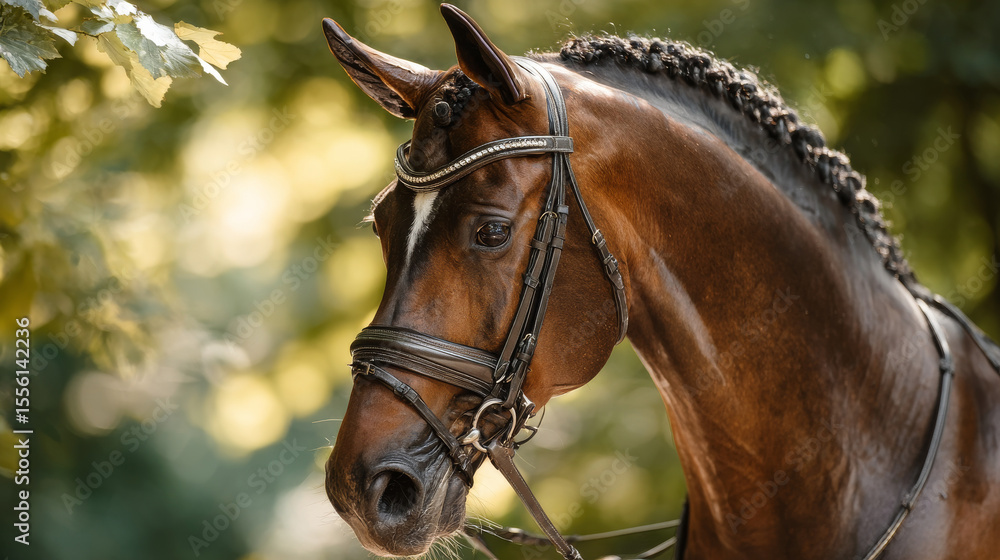 Obraz premium A conformation profile of a bay Hanoverian warmblood showcases its arched neck and elegant posture, highlighted by a leather English dressage bridle in a sunlit summer setting
