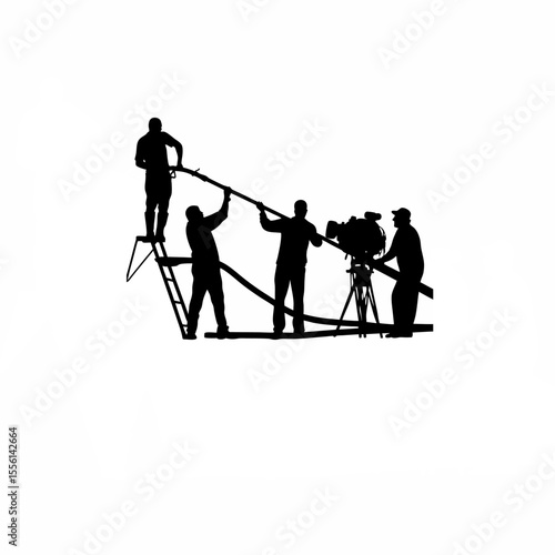 Silhouette of a team installing an irrigation system on white background