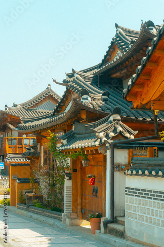 Canvas Print Traditional Korean hanok house decorated with colorful lanterns
