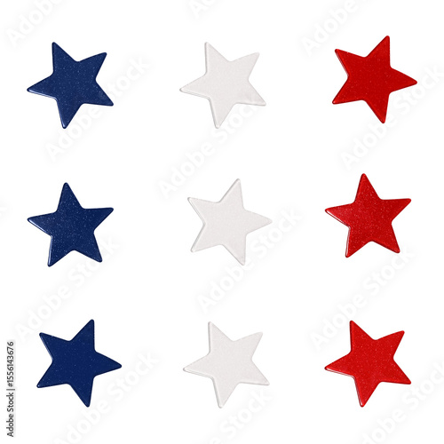 Set of decorative glossy stars in the colors of the USA flag isolated on a white background. Design element for creating festive patriotic compositions, cards, invitations.
