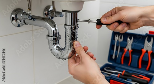 Plumber repairing leaky kitchen sink trap with hand tools and kit in modern home setting