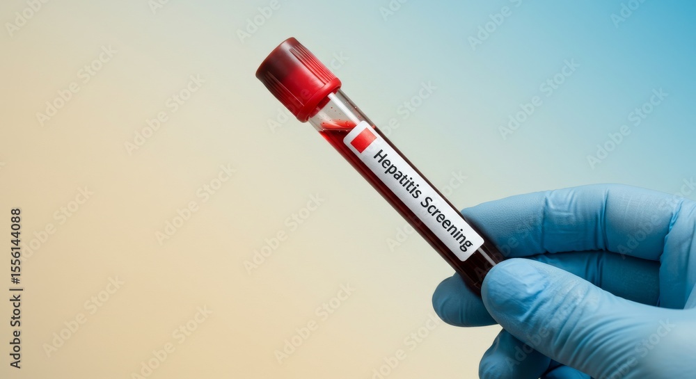 Obraz premium hand holding blood test tube for hepatitis screening, medical background with soft gradient