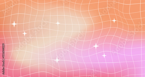 Y2k light pastel colors fluid mesh background. Wallpaper with grid and stars. Blurry pastel rose pink gradient background