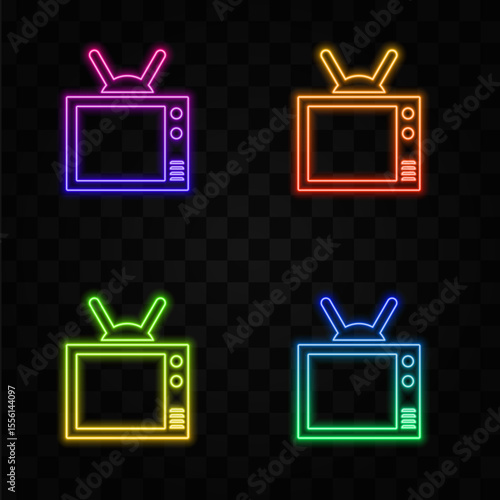 Television with antenna, vector icon. neon style.
