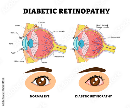 Diabetic Retinopathy Eye Vision Problem, Eye Disease for Educational Medical Poster Design Healthcare Scheme, Eye Illness and Eyesight Problem, Medical Retina Health, Diabetes Complication, Hemorrhage